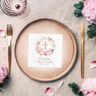 Servilleta De Papel Lazo de corona floral rosa Primera Comunión