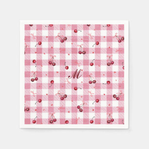 Servilleta De Papel Lazos de niña lindos de cerezas de cuadros rosados