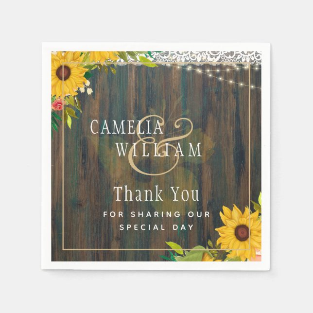 Servilleta De Papel LeahG Rustic Sunflowers Lace Lights Wood Boda (Anverso)