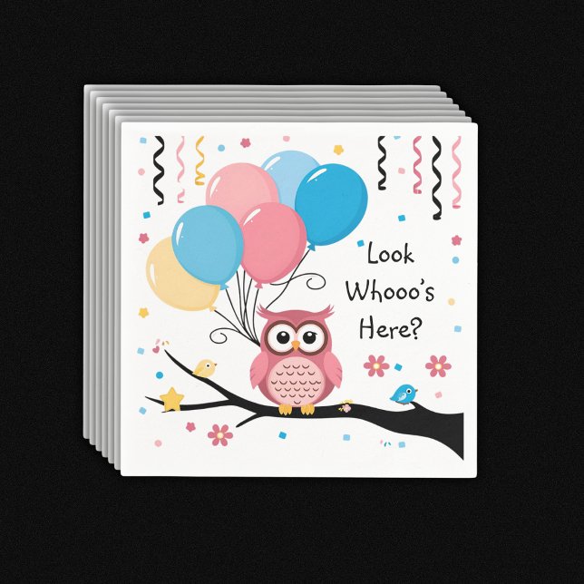 Servilleta De Papel Lechuza rosa con globos y Baby Shower de Confetti (Subido por el creador)