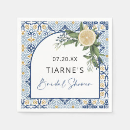 Servilleta De Papel Lemon Blue Tile Personalizado Citrus Bridal Shower