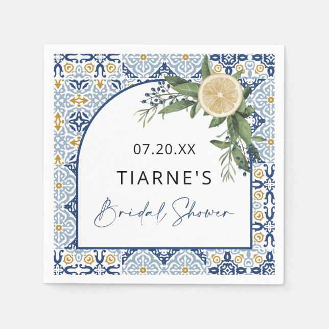 Servilleta De Papel Lemon Blue Tile Personalizado Citrus Bridal Shower (Anverso)