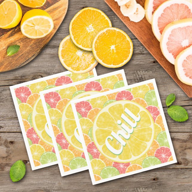 Servilleta De Papel Lemon Citrus Slices Chill Fiesta (Chill text on lemon, lime, orange and grapefruit citrus slices summer party napkins)