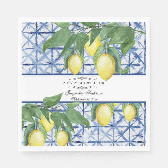 Servilleta De Papel Lemon Foliage Floral Blue Elegant Baby (Anverso)