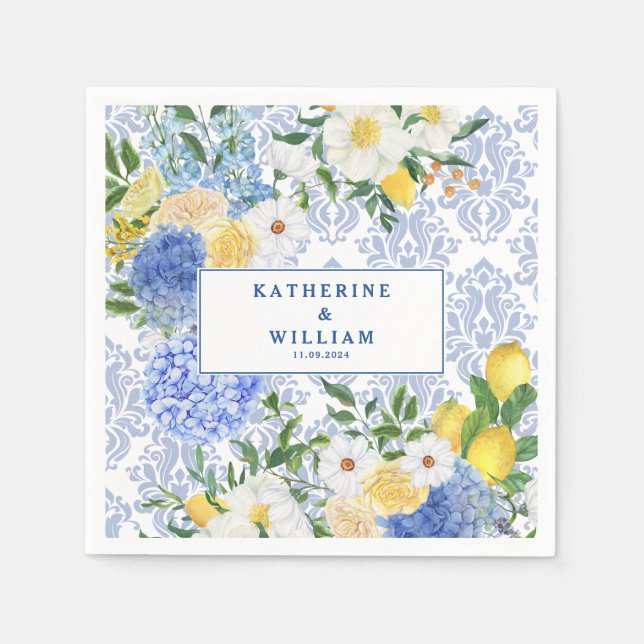 Servilleta De Papel Lemon Mediterráneo Tile Azul y amarillo floral (Anverso)