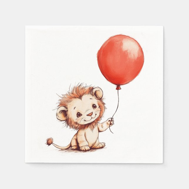 Servilleta De Papel León bebé juguetón con globo rojo (Anverso)