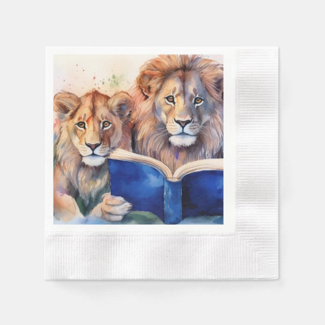 Servilleta De Papel León y cachorro sobrios leyendo libro grande (Anverso)