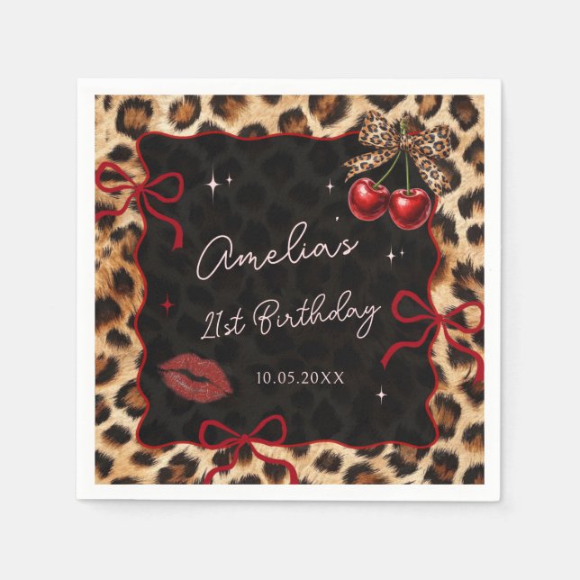 Servilleta De Papel Leopard Cheetah Cherry Birthday Party Napkins (Anverso)