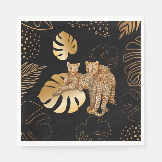Servilleta De Papel Leopardo de hojas de oro negro (Anverso)