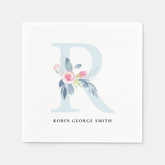 SERVILLETA DE PAPEL LETRA DE ALFABETOS DE FLORAL BLANCA AZUL DE RUBOR  (Anverso)