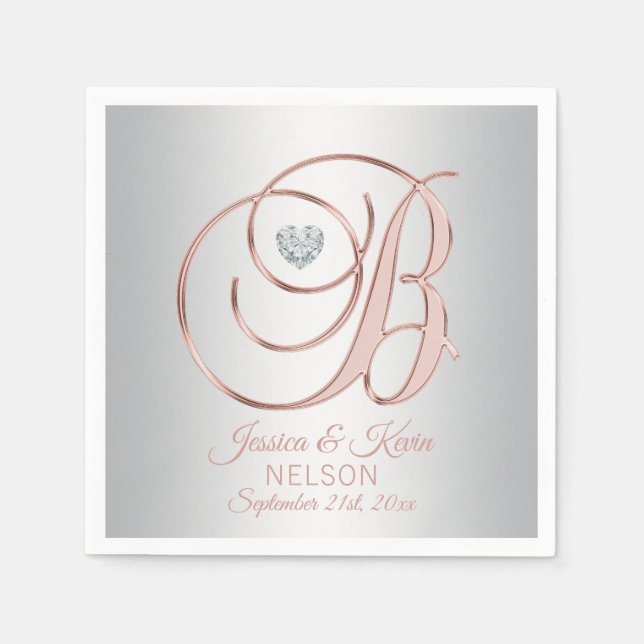 Servilleta De Papel Letra elegante 'B' Boda de oro gris plateado (Anverso)