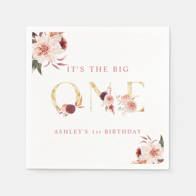 Servilleta De Papel Letra floral oro Chica elegante primer cumpleaños (Anverso)