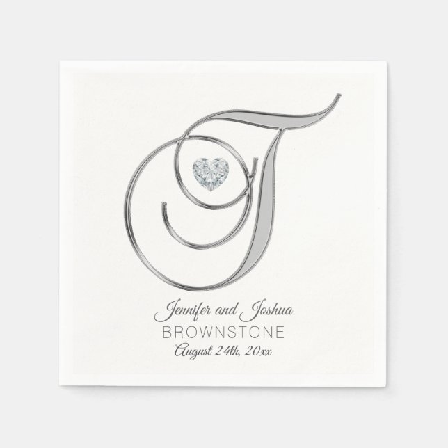 Servilleta De Papel Letra monograma personalizada T Boda plateado (Anverso)