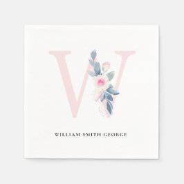 SERVILLETA DE PAPEL LETRA W DE ALFABETOS FLORALES BLANCOS AZULES DE RU