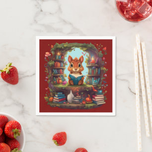 Servilleta De Papel Leyendo ardilla En Una Librería Vintage