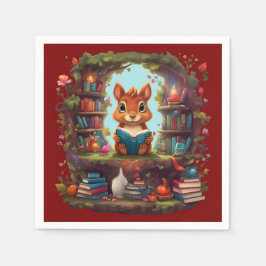 Servilleta De Papel Leyendo ardilla En Una Librería Vintage