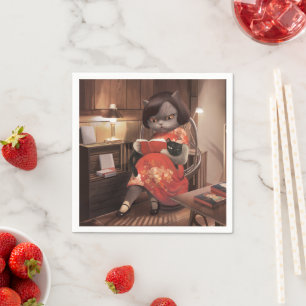 Servilleta De Papel Leyendo gato en Cheongsam