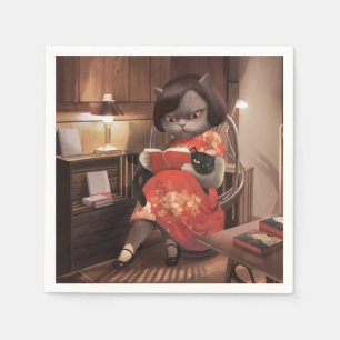 Servilleta De Papel Leyendo gato en Cheongsam