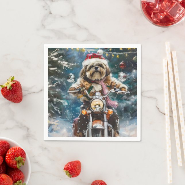 Servilleta De Papel Lhasa Apso Perro Montando Motocicleta Navidad  (In situ)