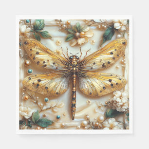 Servilleta De Papel Libélula elegante flor oro gemas metálicos perlas