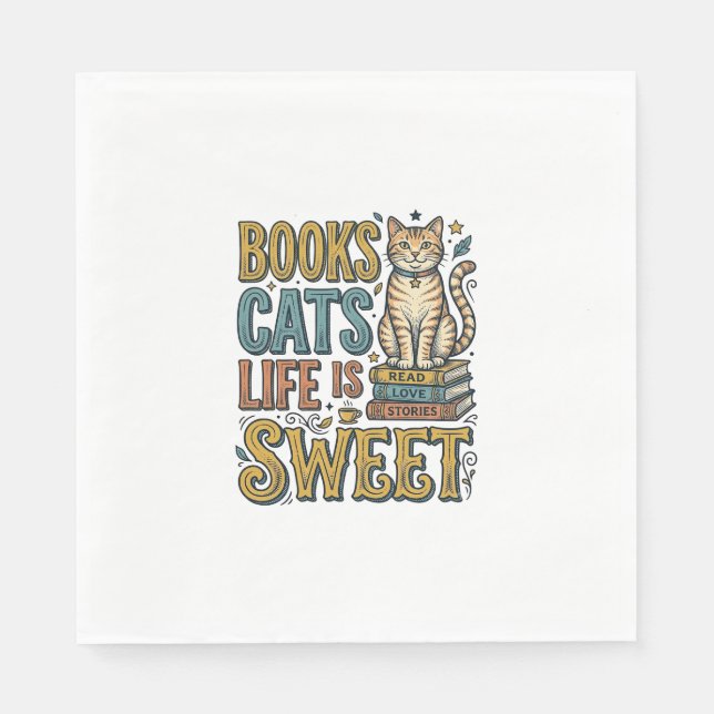 Servilleta De Papel Libros Gatos La Vida Es Dulce Diseño De Lectora De (Anverso)