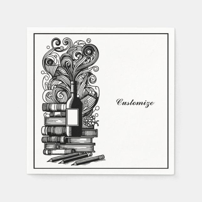 Servilleta De Papel Libros Y Vinos Negros Y Blancos (Anverso)