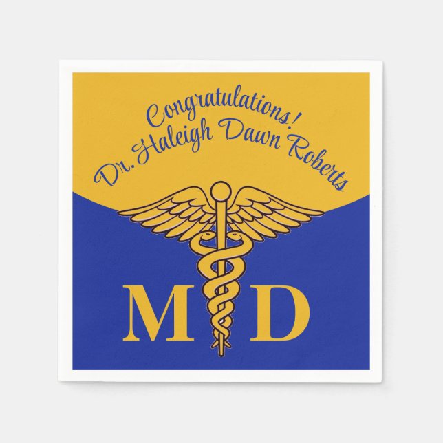 Servilleta De Papel Licenciatura en Medicina Caduceus Blue & Gold (Anverso)