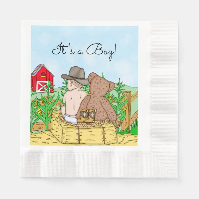 Servilleta De Papel Lil' Cowboy y Teddy Bear Baby Shower (Anverso)
