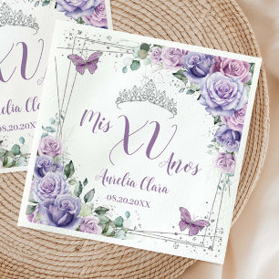 Servilleta De Papel Lila Púrpura Chic Mariposas Florales Quinceañera