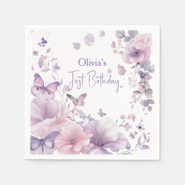 Servilleta De Papel Lilac Butterfly Watercolor Disposable Luncheon (Anverso)