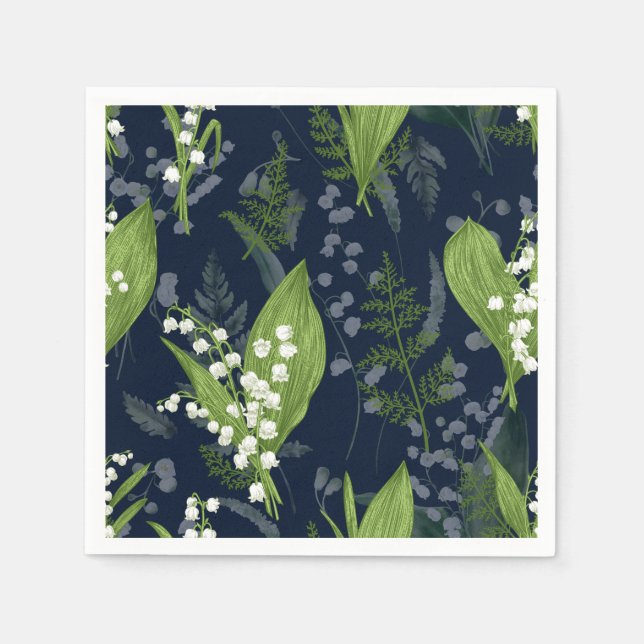 Servilleta De Papel Lily of Valley con Ferns || Toallas azules oscuras (Anverso)