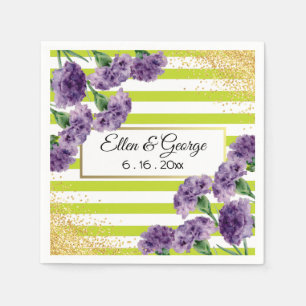 Servilleta De Papel Lime Green Strips Purple Carnations Gold Confetti