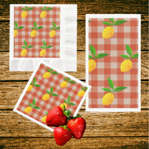 Servilleta De Papel Limones amarillos retro vintage sobre cuadros rojo