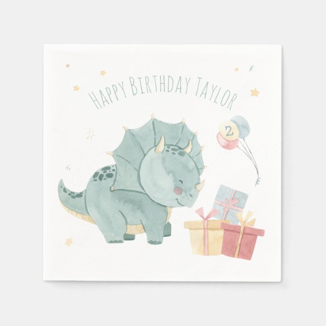Servilleta De Papel Lindo Cumpleaños Acuarela Dinosaurio Dos Años (Anverso)