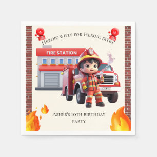 Servilleta De Papel Lindo y Adorable Niño Bombero 3D con Camión de Bom