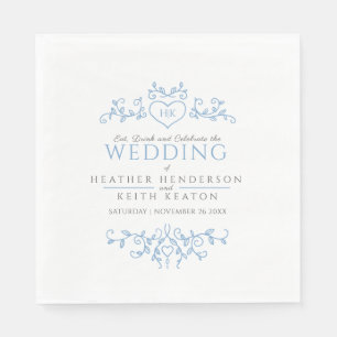 Servilleta De Papel Línea de la hoja arte boda monograma azul blanco