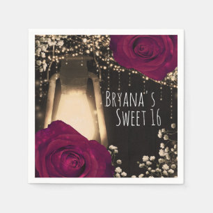 Servilleta De Papel Linterna Glow Rústico Rosas Magenta Frambuesa Boda