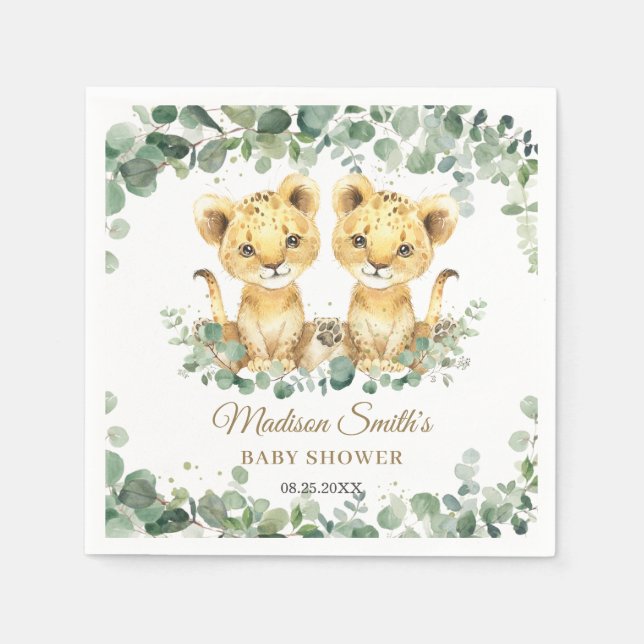 Servilleta De Papel Lion Cubs Greenery Twin Boys Baby Shower  (Anverso)