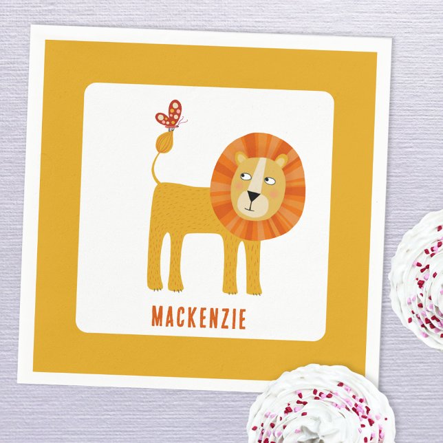 Servilleta De Papel Lion Cute Personalizado (Cute lion personalized name kids party paper napkin)