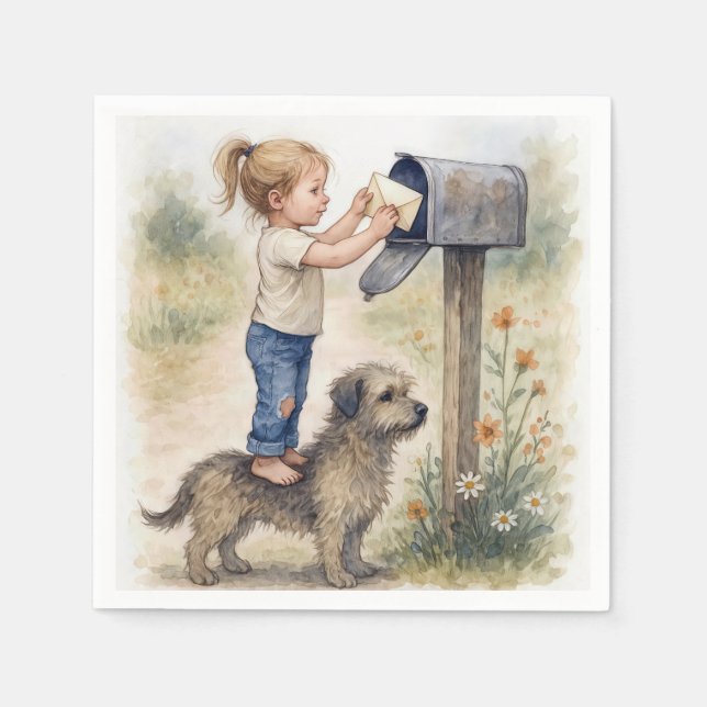 Servilleta De Papel Little Girl Standing On a Dog To Mail a Letter (Anverso)