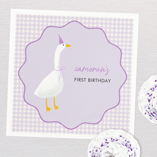 Servilleta De Papel Little Goose Gingham First Birthday (Personalized Little Goose lilac gingham first birthday party paper napkins)