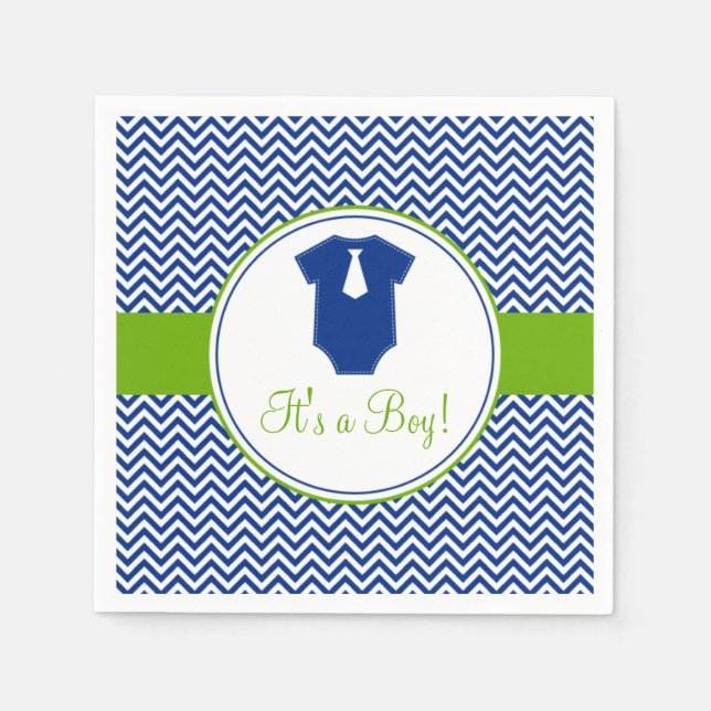 Servilleta De Papel Little Man Chevron Blue Green Baby Shower (Anverso)