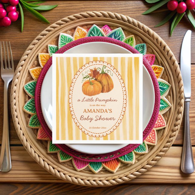 Servilleta De Papel Little pumpkin retro stripes baby shower monogram (Little pumpkin retro yellow stripes fall baby shower monogrammed printed  napkins)