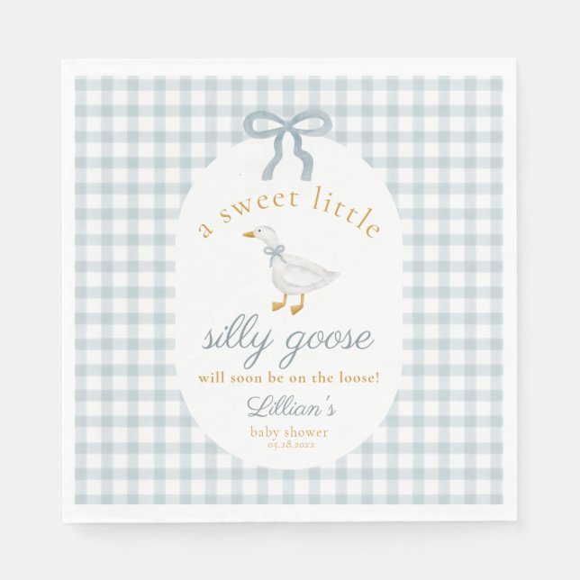Servilleta De Papel Little Silly Goose Bow Baby Shower Blue Gingham  (Anverso)