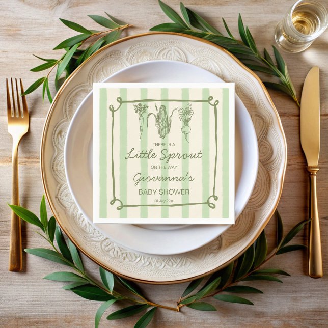 Servilleta De Papel Little sprout is on the way stripped Baby Shower (Little sprout is on the way sage green retro stripes Baby Shower personalized monogrammed Napkins)