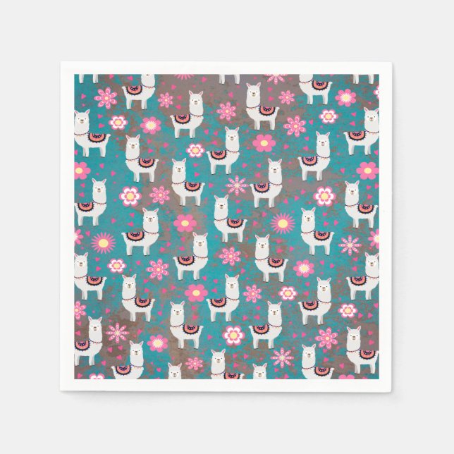 Servilleta De Papel Llama (Alpaca) Grunge floral y turquesa (Anverso)