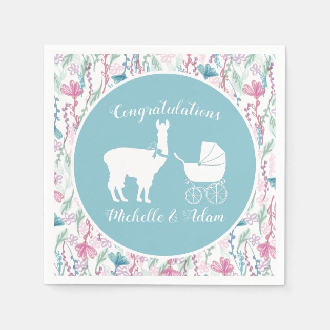 Servilleta De Papel Llama Baby Shower Cute Blue Boy (Anverso)