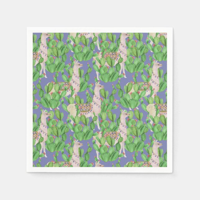 Servilleta De Papel Llama de acuarela y patrón de catus (Anverso)