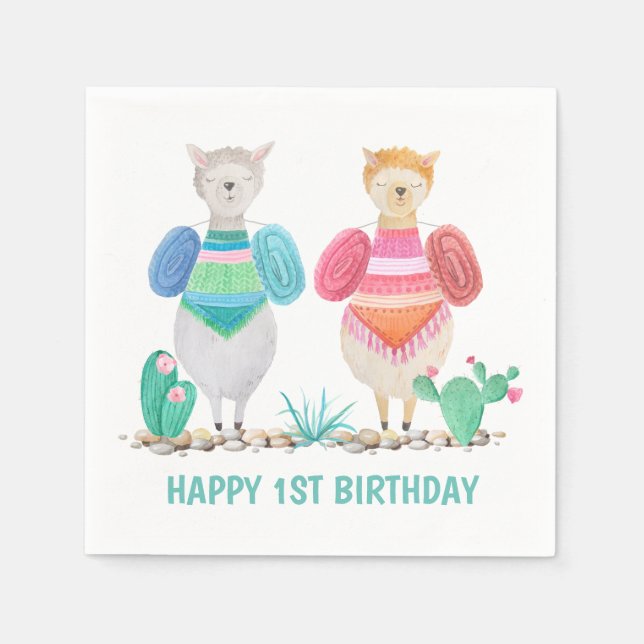 Servilleta De Papel Llama y acuarela cacti personalizada (Anverso)