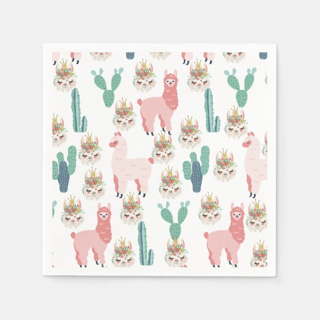 Servilleta De Papel Llamas rosadas lindas y cactus verdes (Anverso)